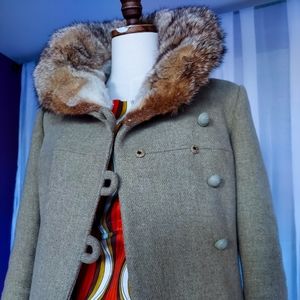 Olive Green Wool and Fur Peacoat. Vintage Wool Fur Coat